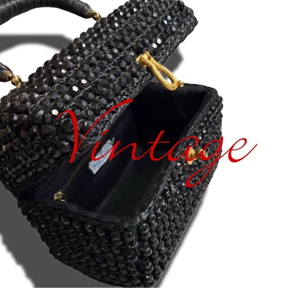 Handbags - VINTAGE ANTIQUE black beaded box Style purse Elegant Black Beaded Handbag